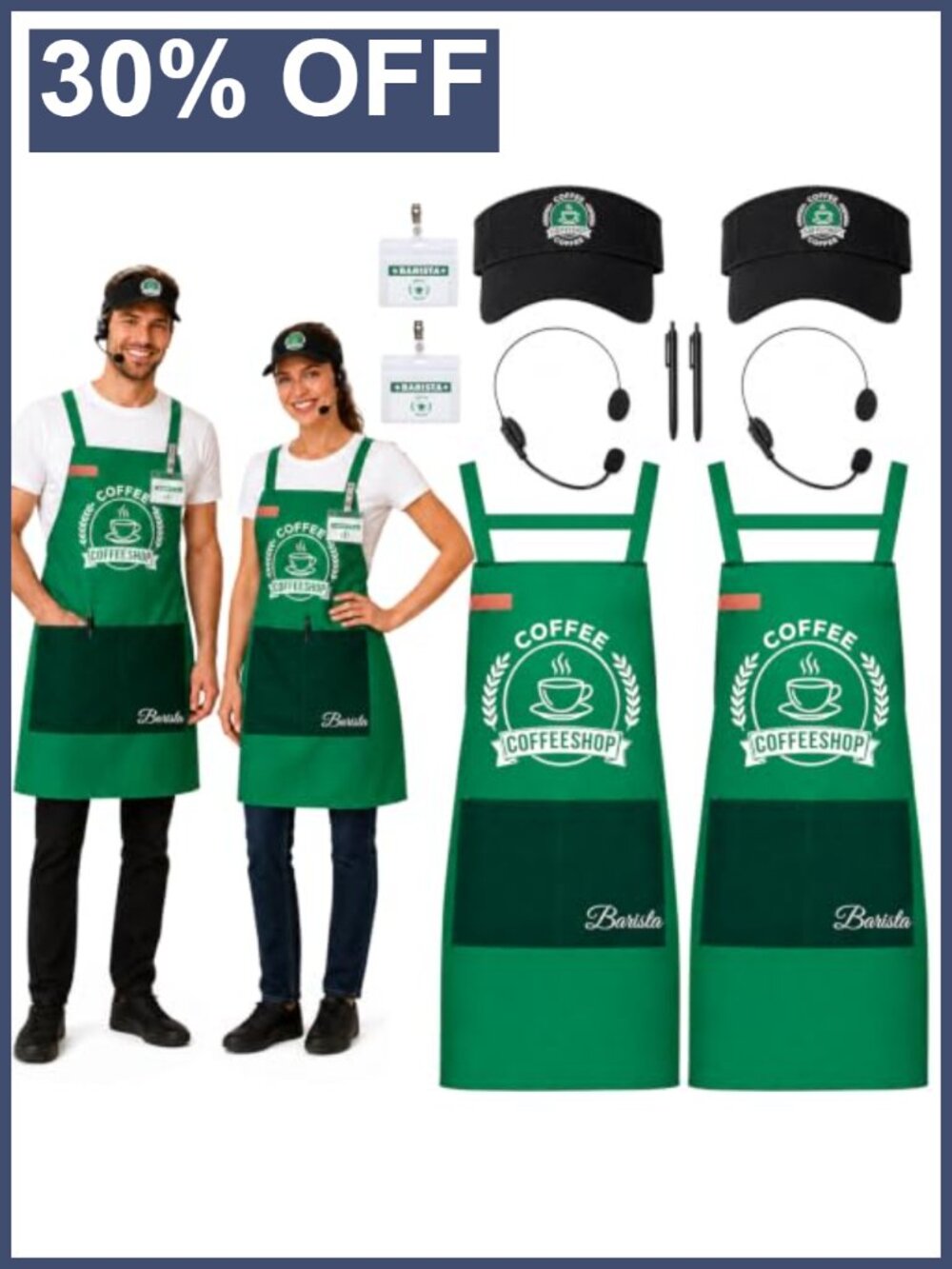 Couple Barista Costume Set for Adults Halloween Coffee Shop Outfit Green Apron